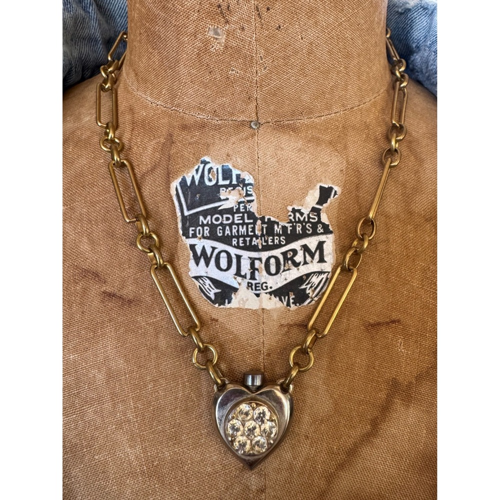 Title: Antique‎ Heart Perfume Bottle Necklace Brass Paperclip Chain Rhinestone